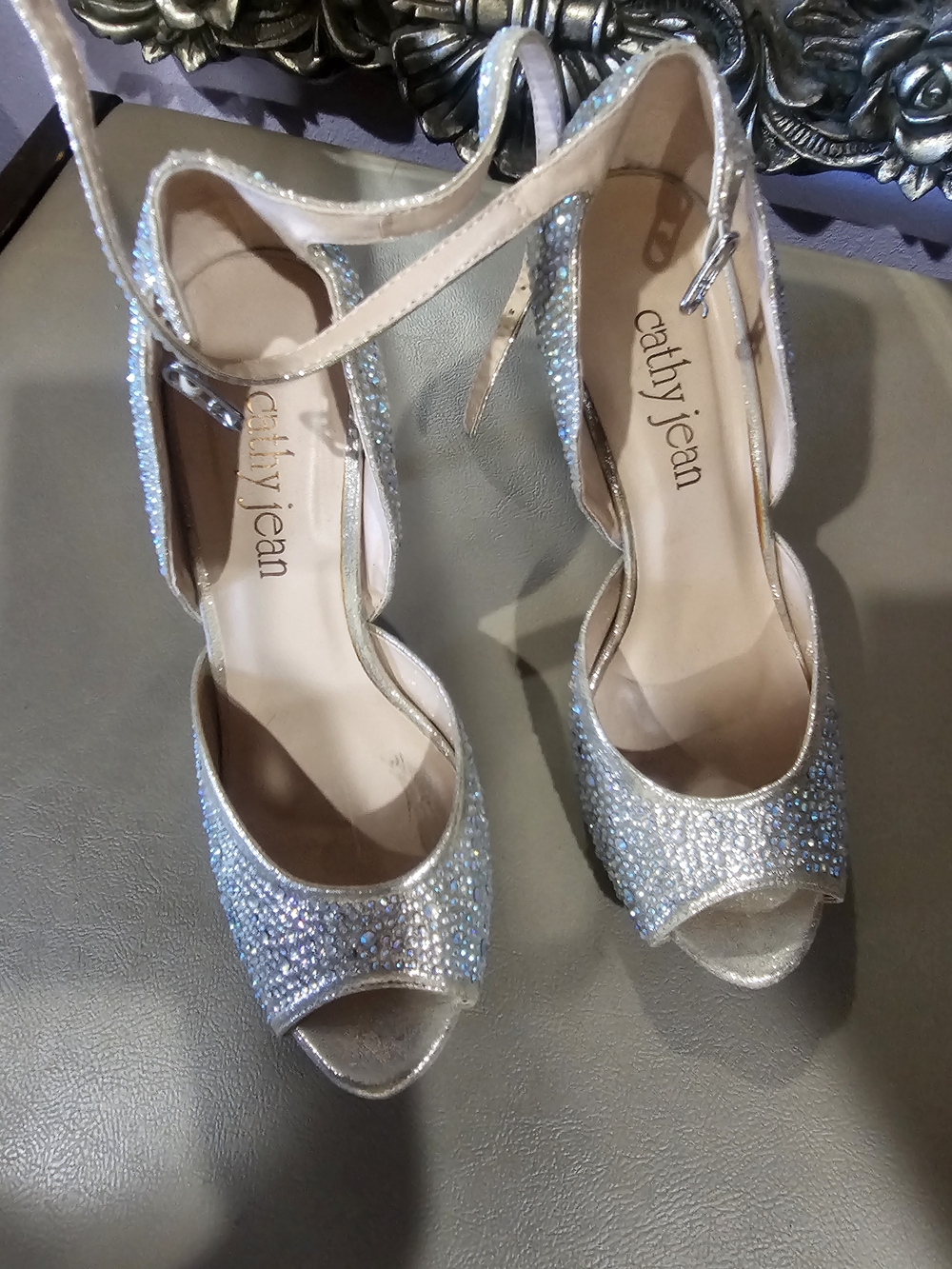 Cathy Jean Iridescent Silver Rhinestone Peep-Toe Heels